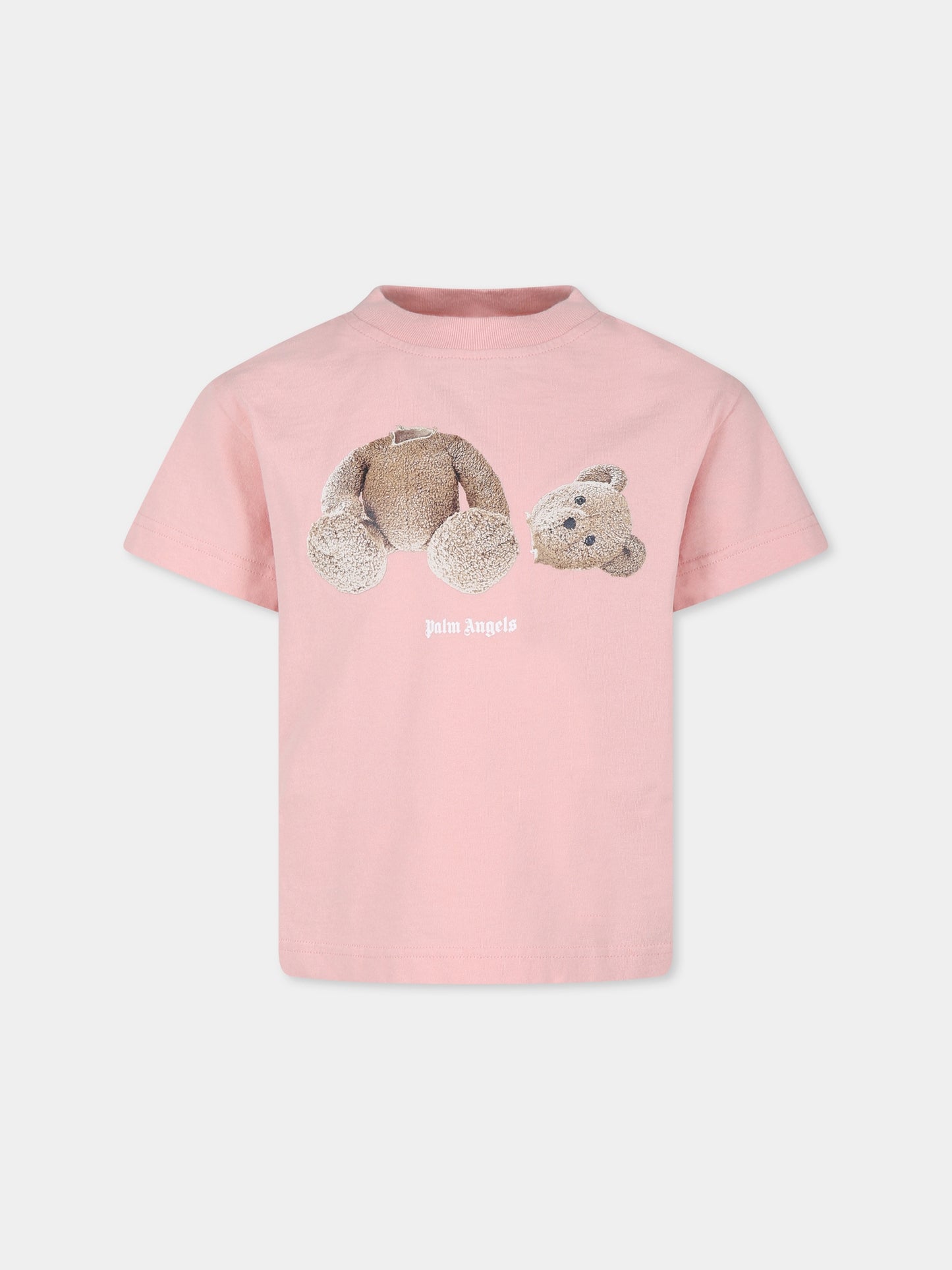 T-shirt rosa per bambina con orso,Palm Angels,PGAA002C99JER0033060