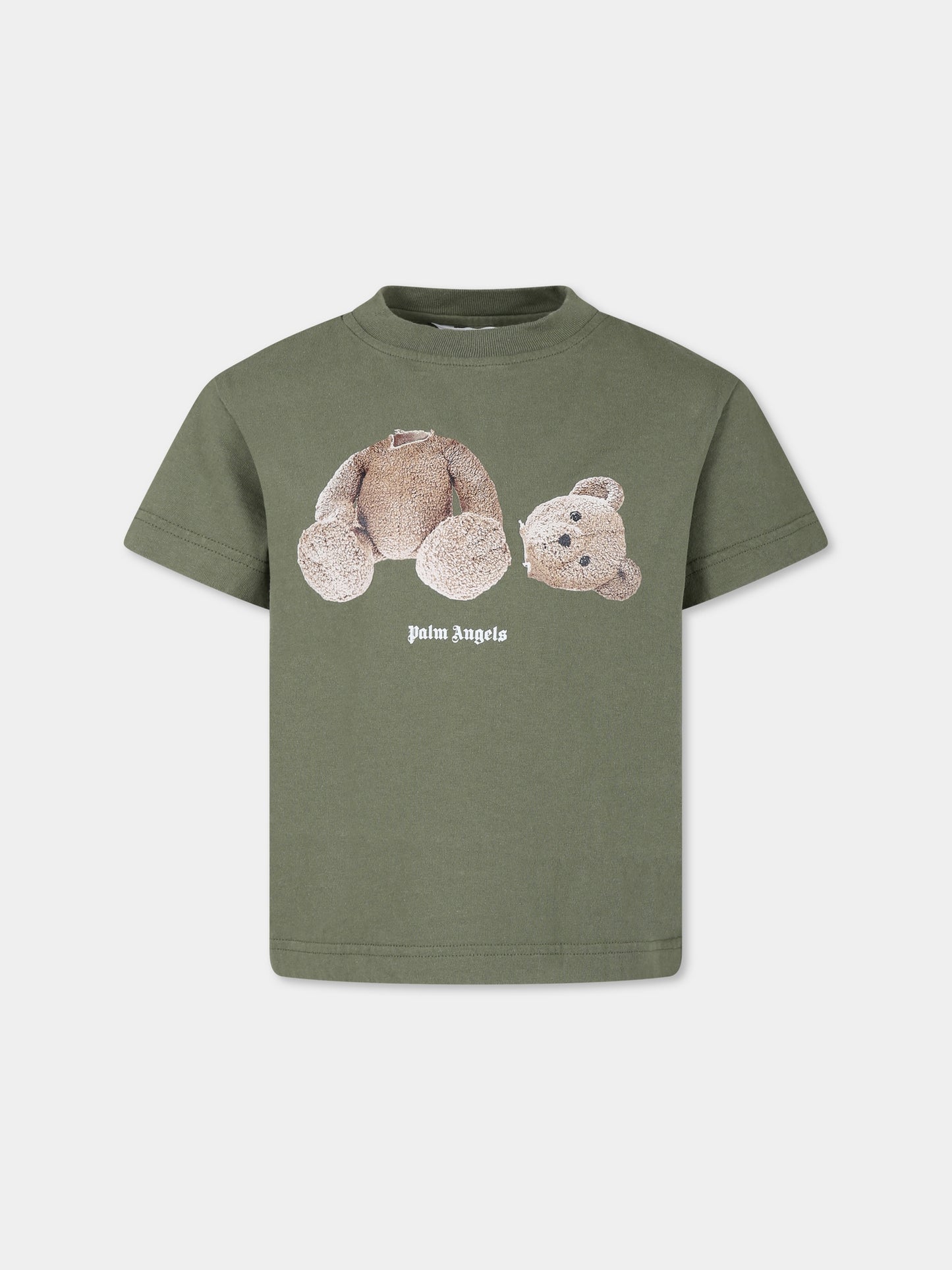 T-shirt verde per bambino con orso,Palm Angels,PBAA003C99JER0055660