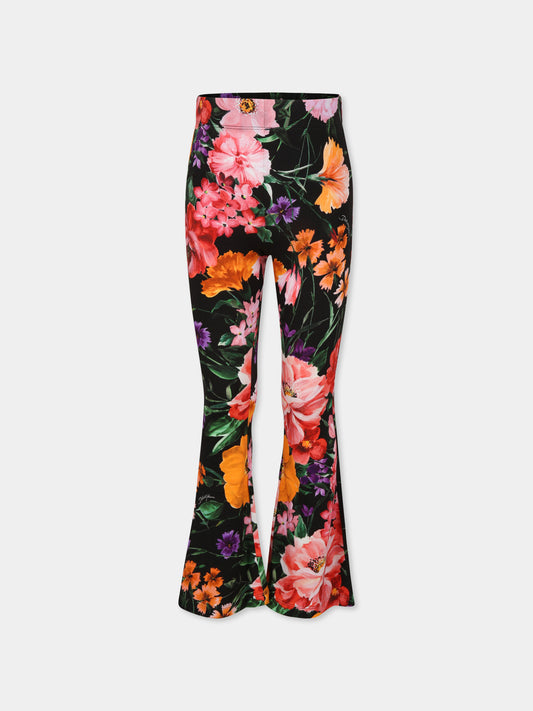 Pantaloni neri per bambina con stampa fiori,Dolce & Gabbana Kids,L5JPD8 FSG89 HN5GN