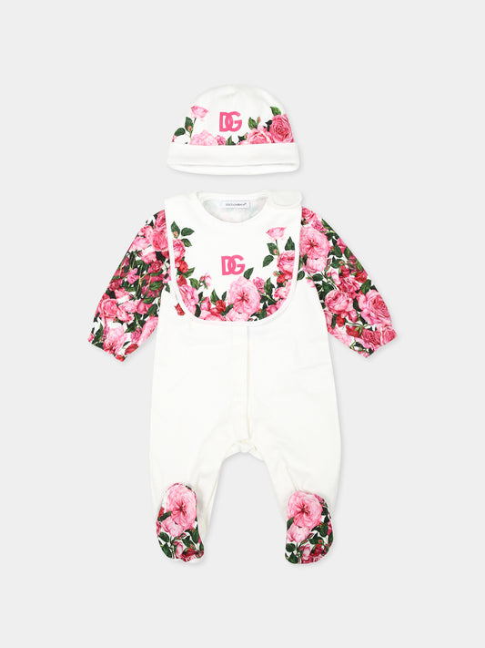 Set tutina bianca per neonata con logo DG e stampa rose,Dolce & Gabbana Kids,L2JO2Y II7E8 HW412