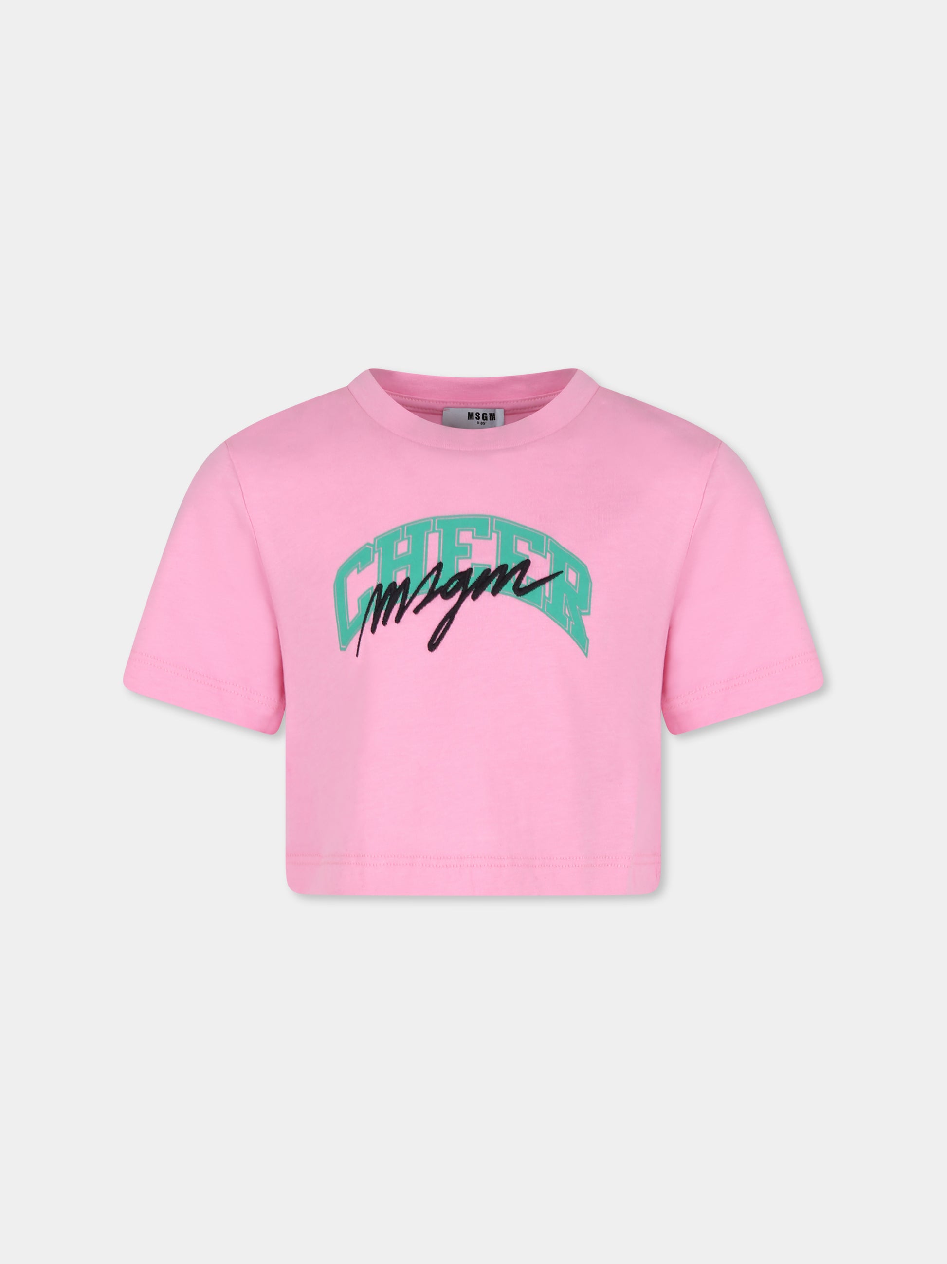 T-shirt crop rosa per bambina con logo,Msgm Kids,F4MSJGTH210 042