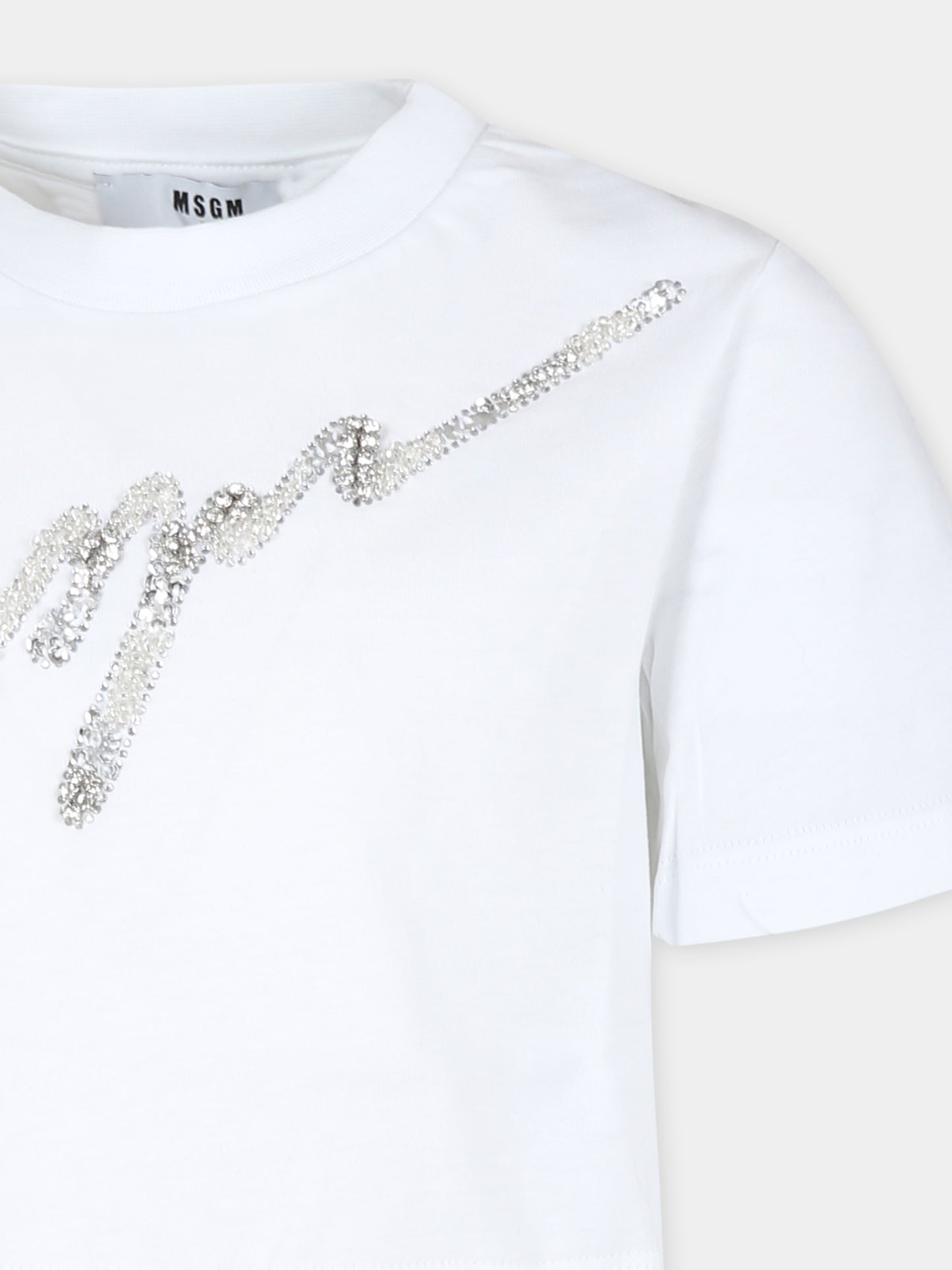 T-shirt crop bianca per bambina con logo e strass,Msgm Kids,F4MSJGTH116 001