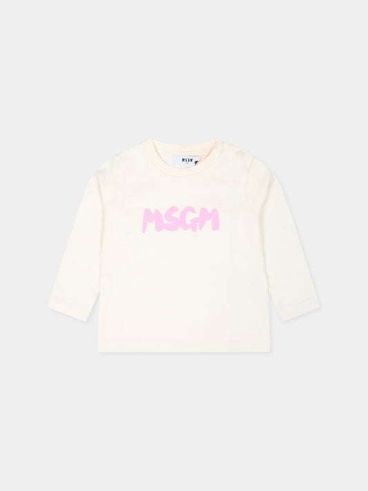 T-shirt avorio per neonata con logo,Msgm Kids,F4MSNGTH045 013