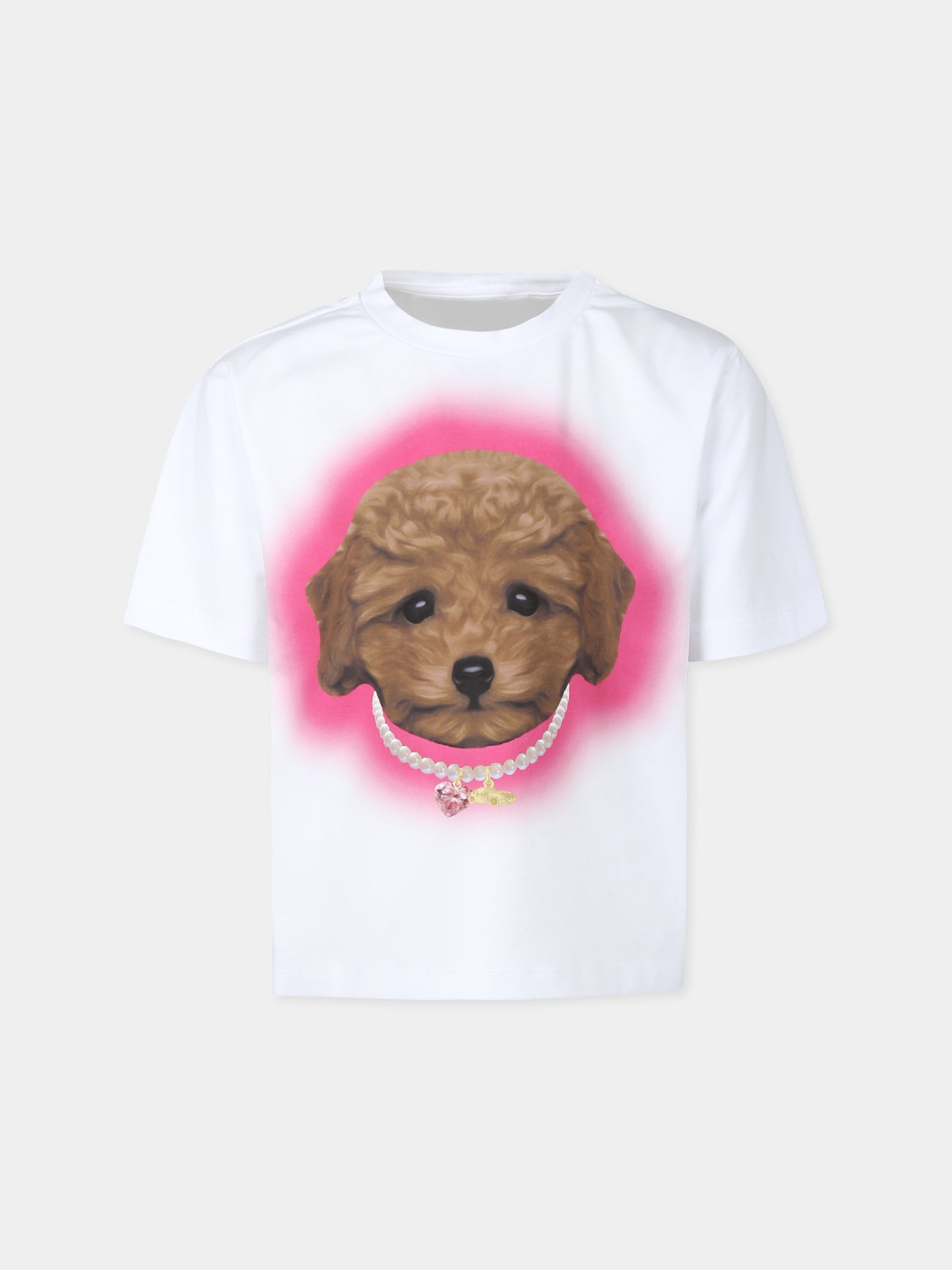 T-shirt bianca per bambina con stampa cane,Caroline Bosmans,AW24 1005 17 0024