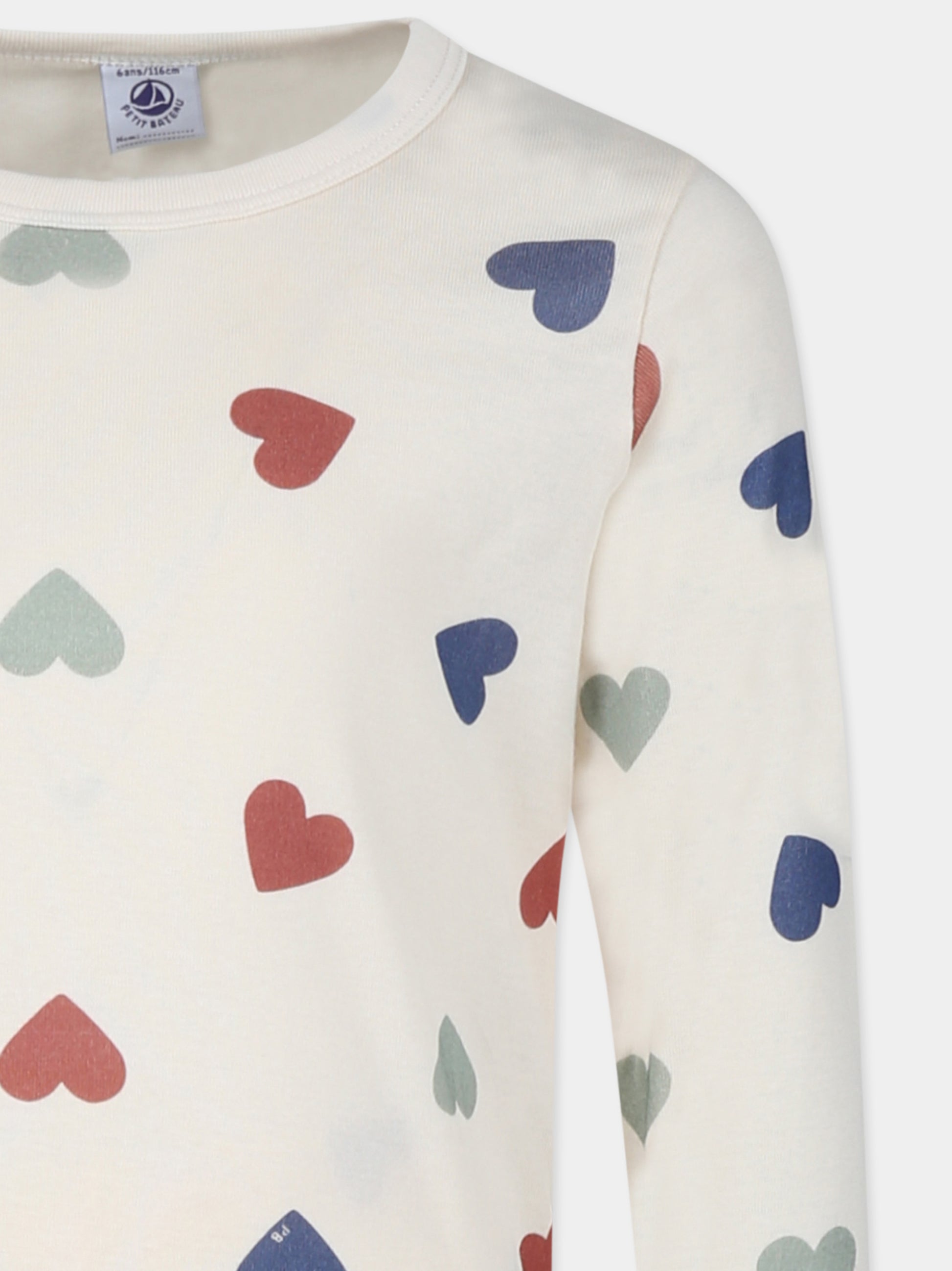 Pigiama avorio per bambina con cuori,Petit Bateau,A0AU0 AVALANCHE/MULTICO 01