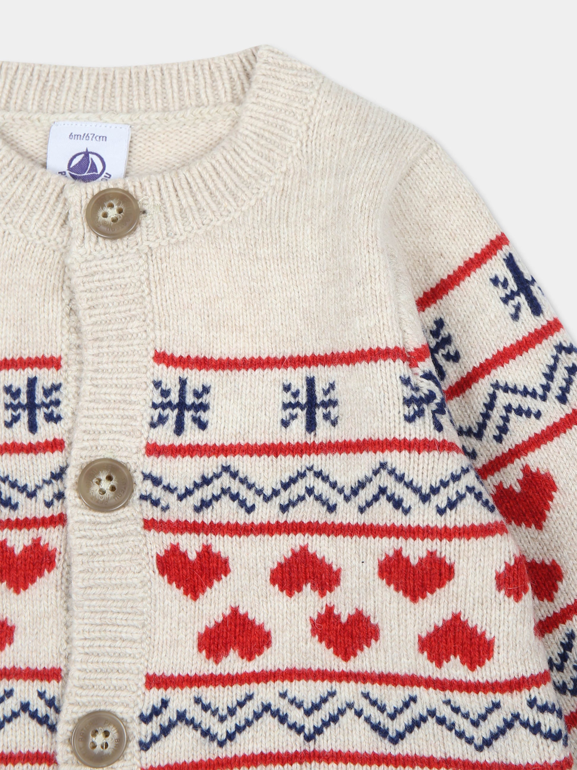 Cardigan beige per neonati con cuori,Petit Bateau,A0AY5 AVALANCHE/MULTICO 01