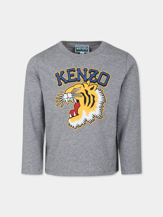 T-shirt grigia per bambino con tigre e logo,Kenzo Kids,K60766 A29