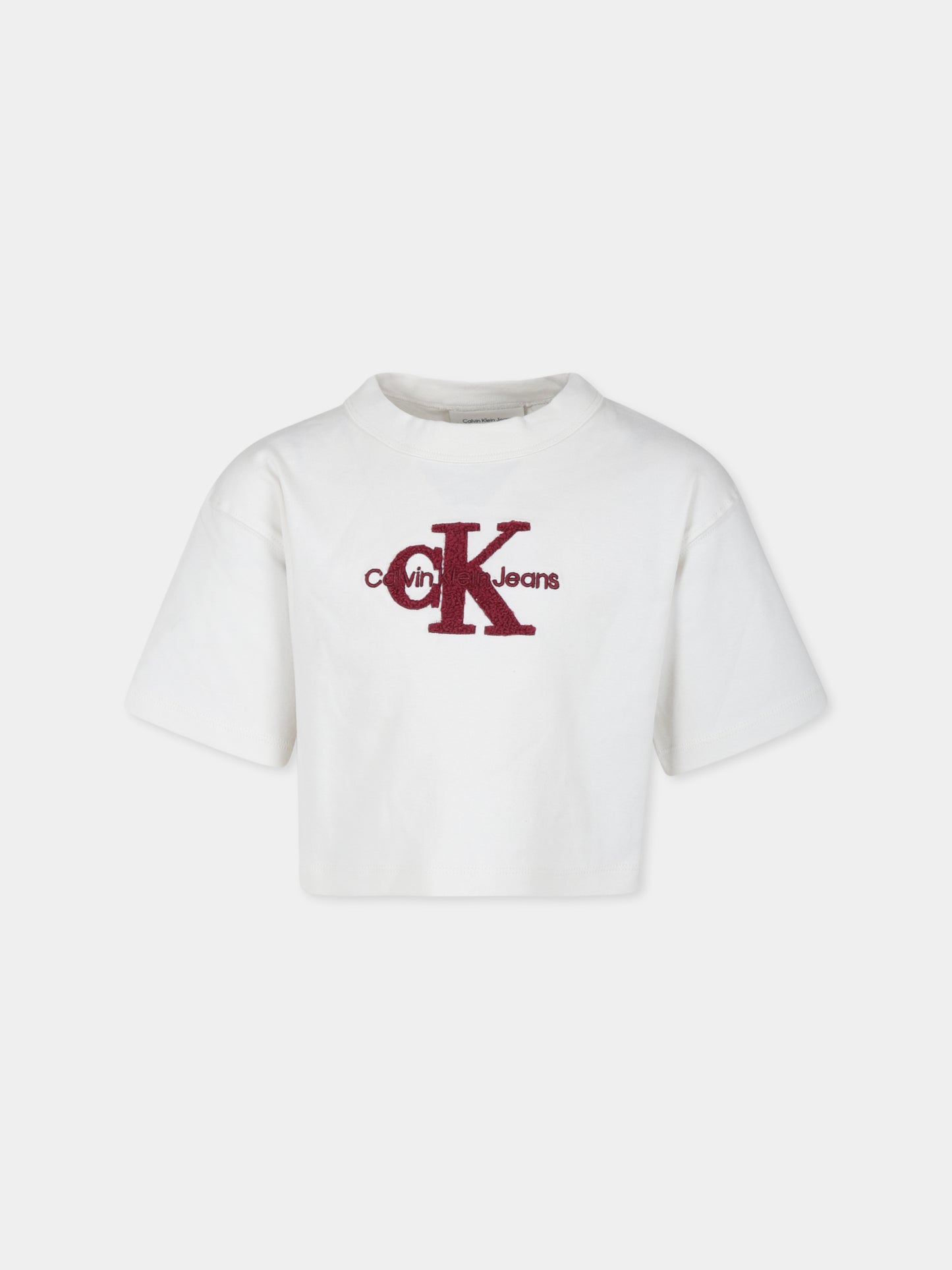 T-shirt crop avorio per bambina con logo,Calvin Klein Kids,IG0IG02742T YBI