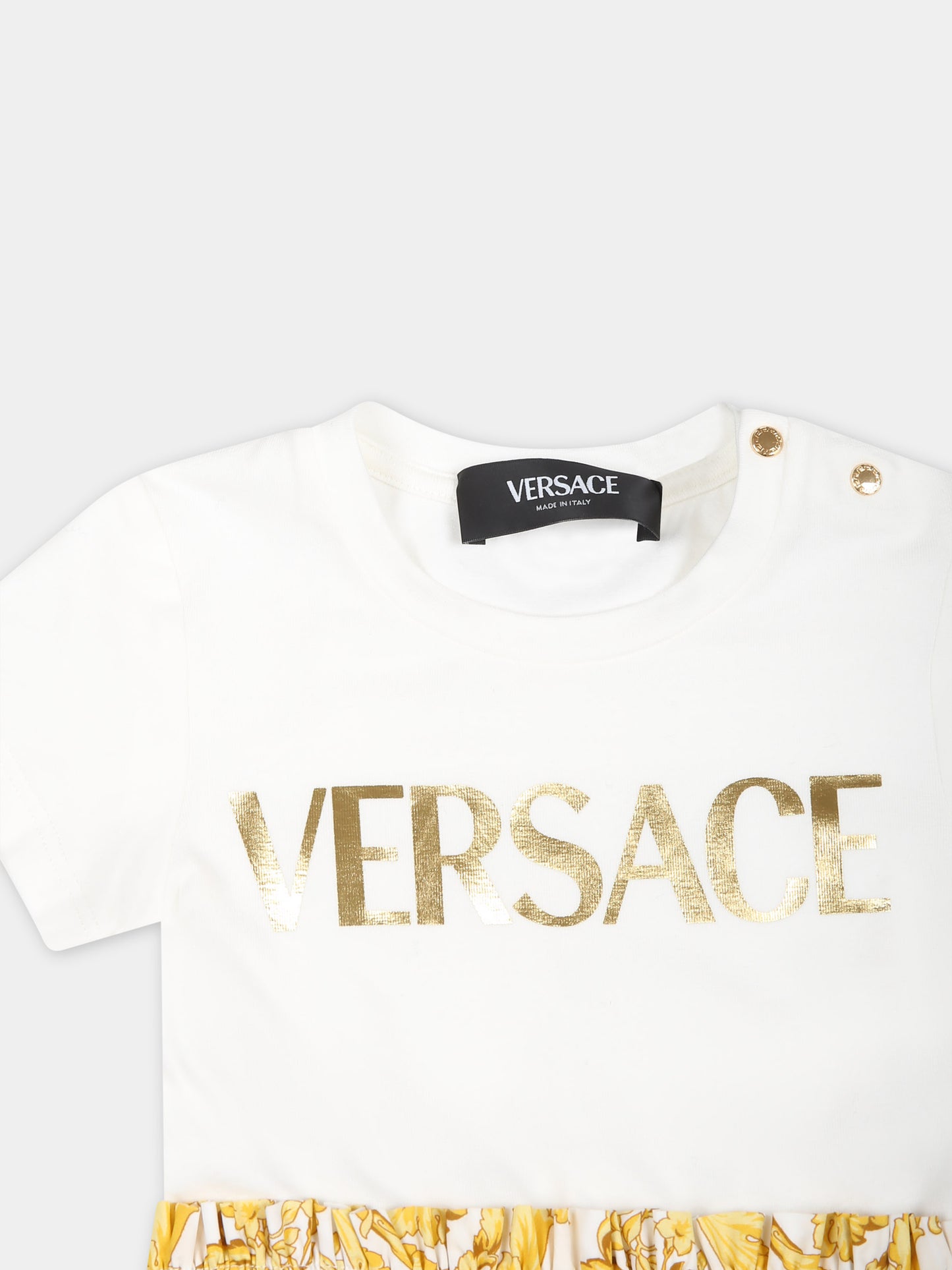Vestito bianco per neonata con logo Versace e stampa barocco,Versace,1000354 1A09957 2W110
