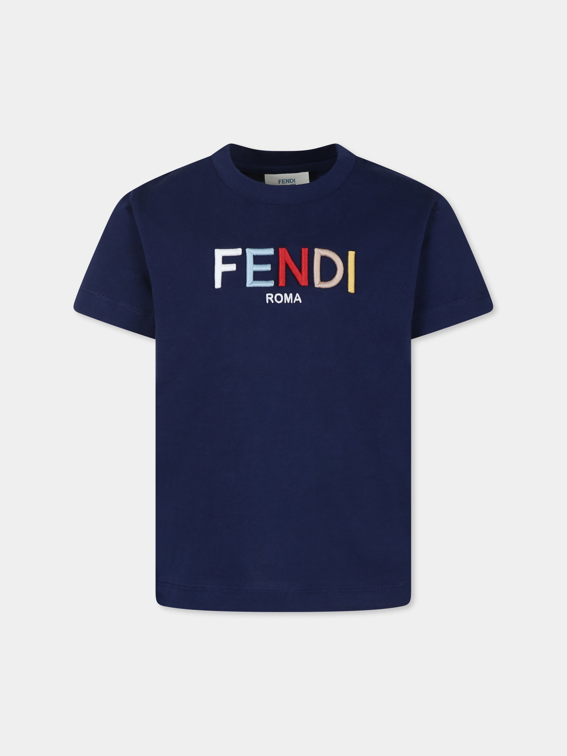 T-shirt blu per bambini con logo Fendi,Fendi Kids,JUI172 7AJ F1I11