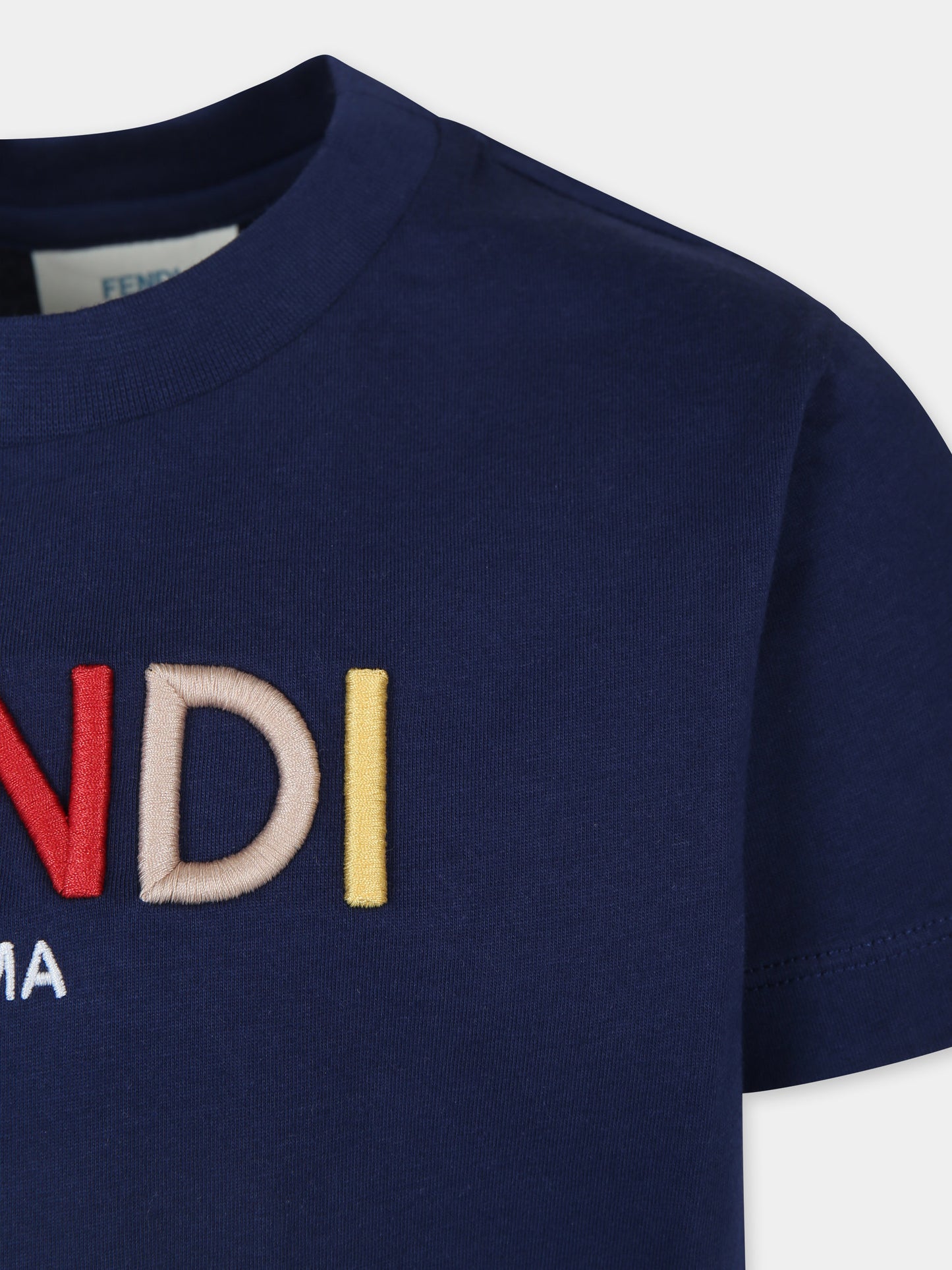 T-shirt blu per bambini con logo Fendi,Fendi Kids,JUI172 7AJ F1I11