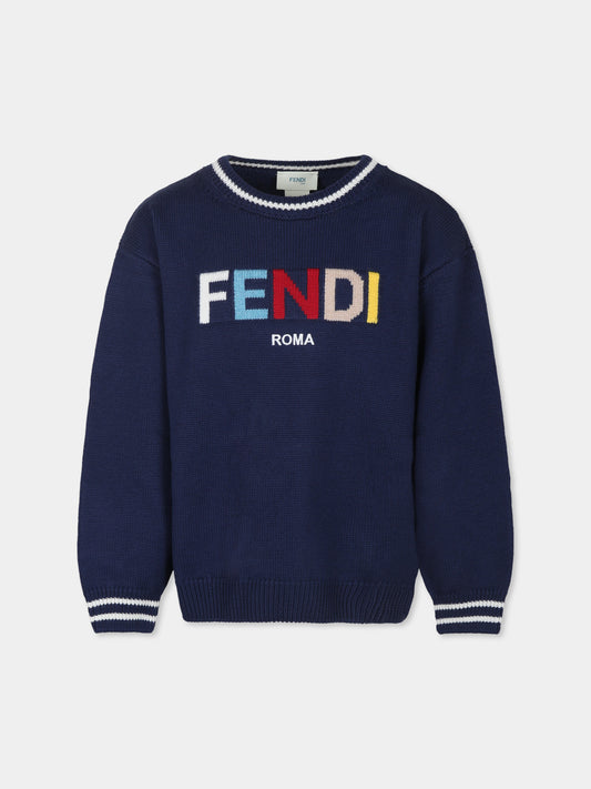 Maglione blu per bambini con logo Fendi,Fendi Kids,JUG180 AOCH F1I11