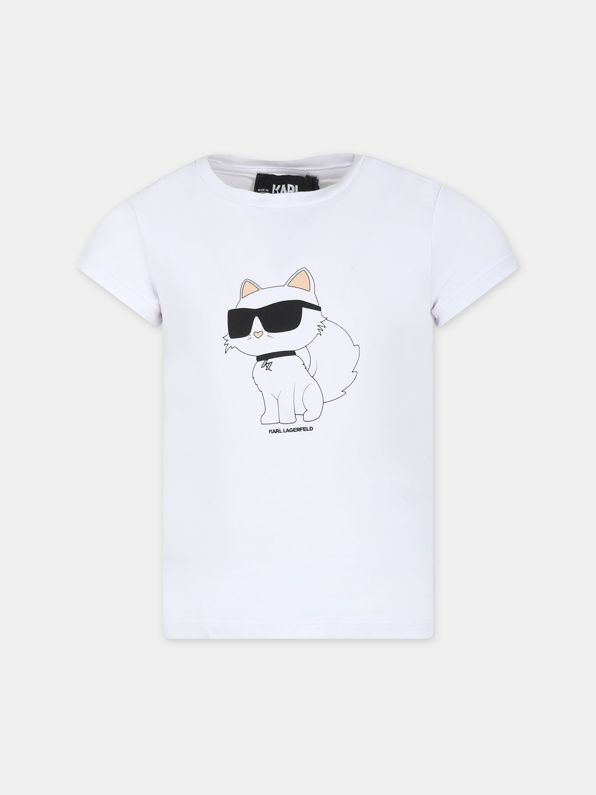 T-shirt bianca per bambina con stampa Choupette e logo,Karl Lagerfeld Kids,Z15416 10P