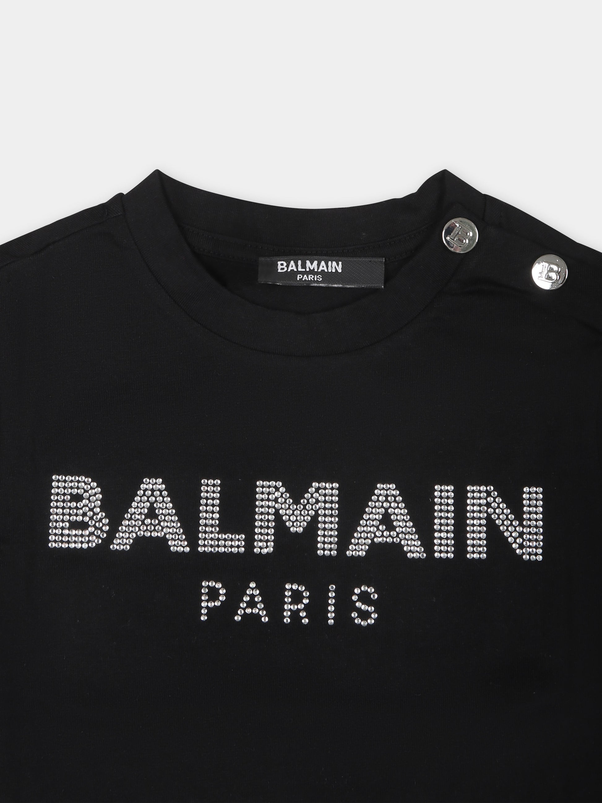 T-shirt nera per neonata con logo e strass,Balmain Kids,6Q8801 J0006 930