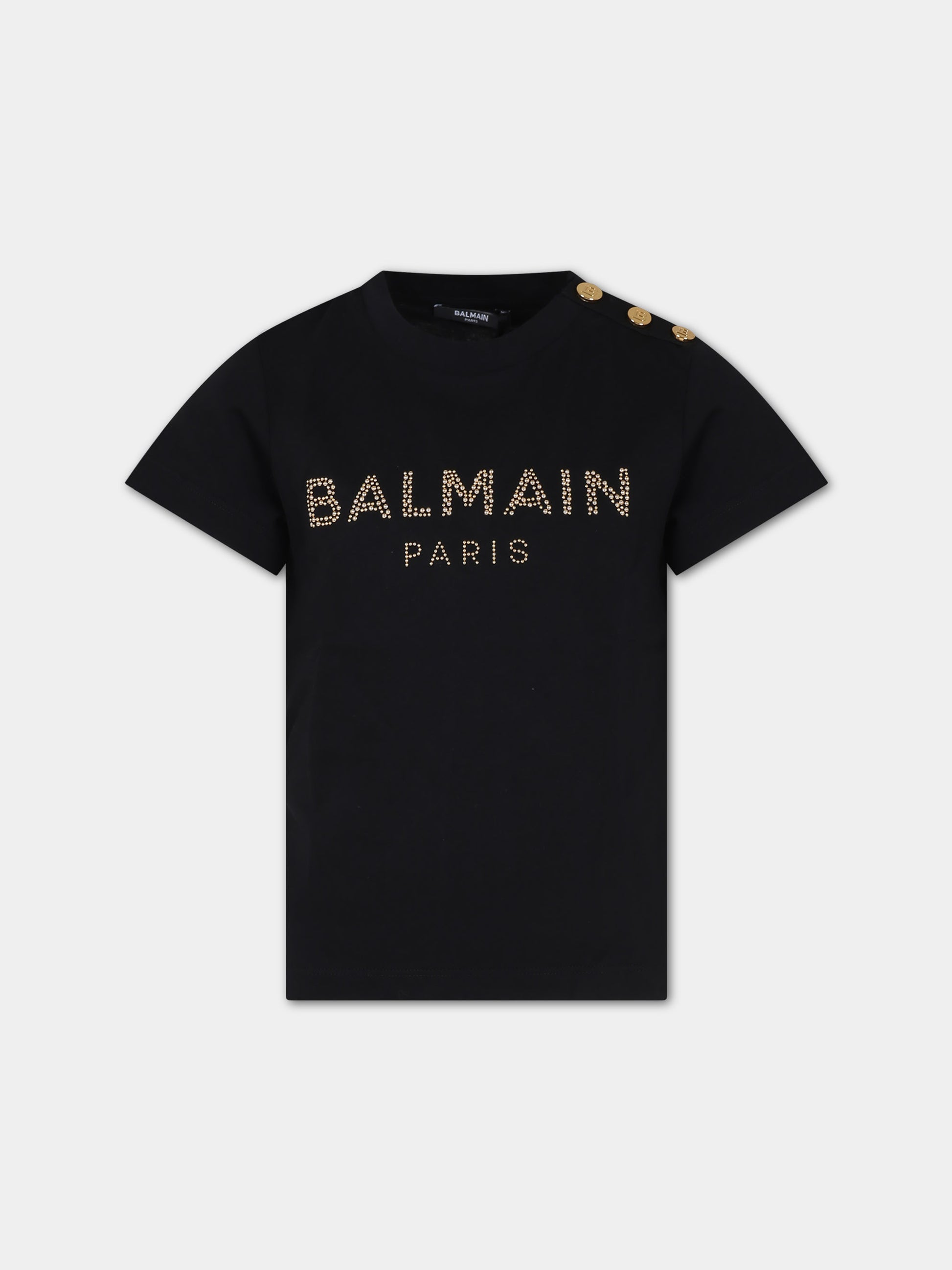 T-shirt nera per bambina con logo e borchie,Balmain Kids,6Q8211 J0006 930OR