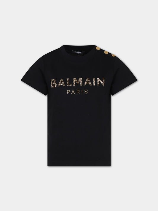 T-shirt nera per bambina con logo e borchie,Balmain Kids,6Q8211 J0006 930OR