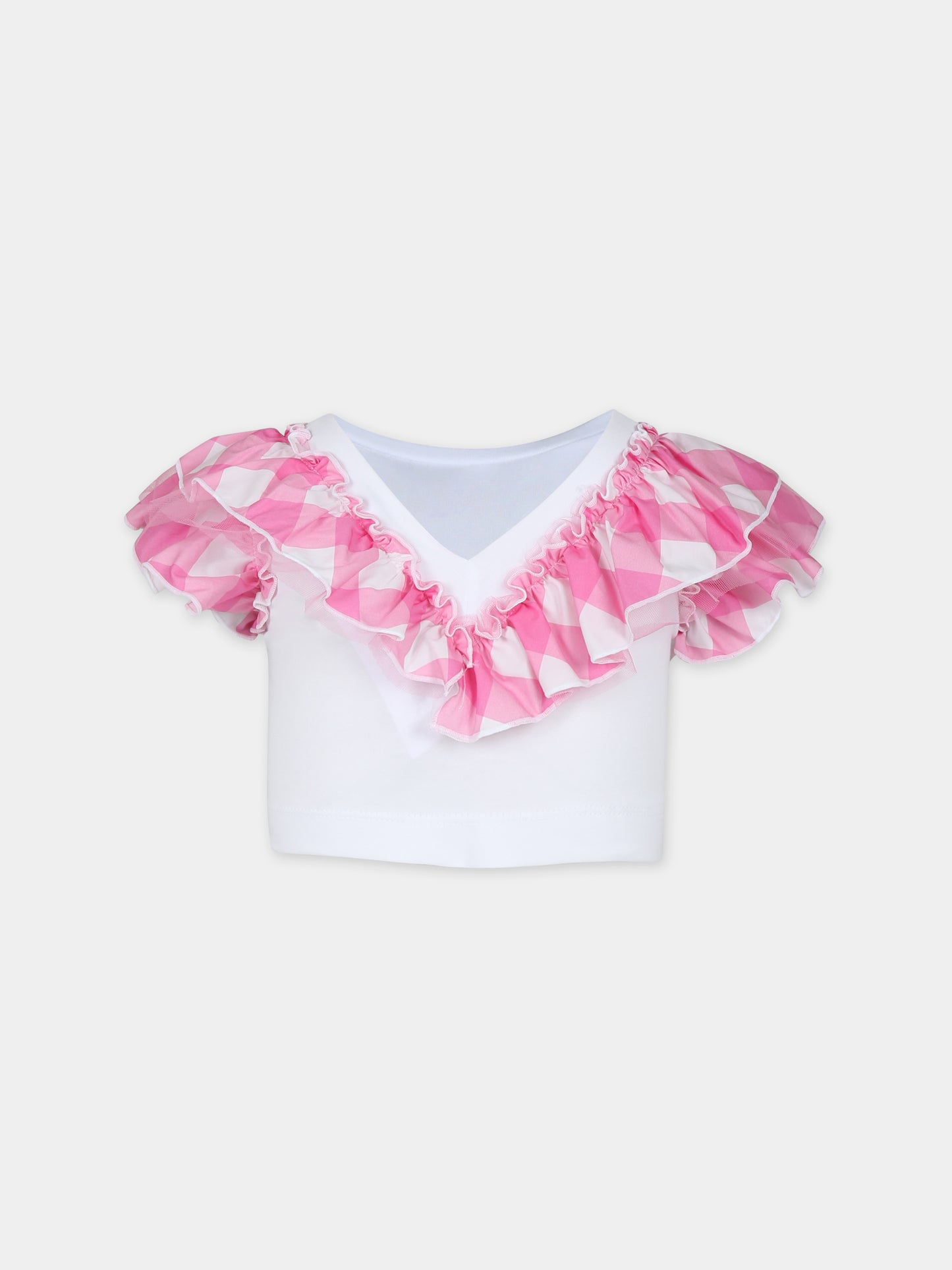 T-shirt crop bianca per bambina con stampa vichy e tulle,Monnalisa,11C335 3201 9993