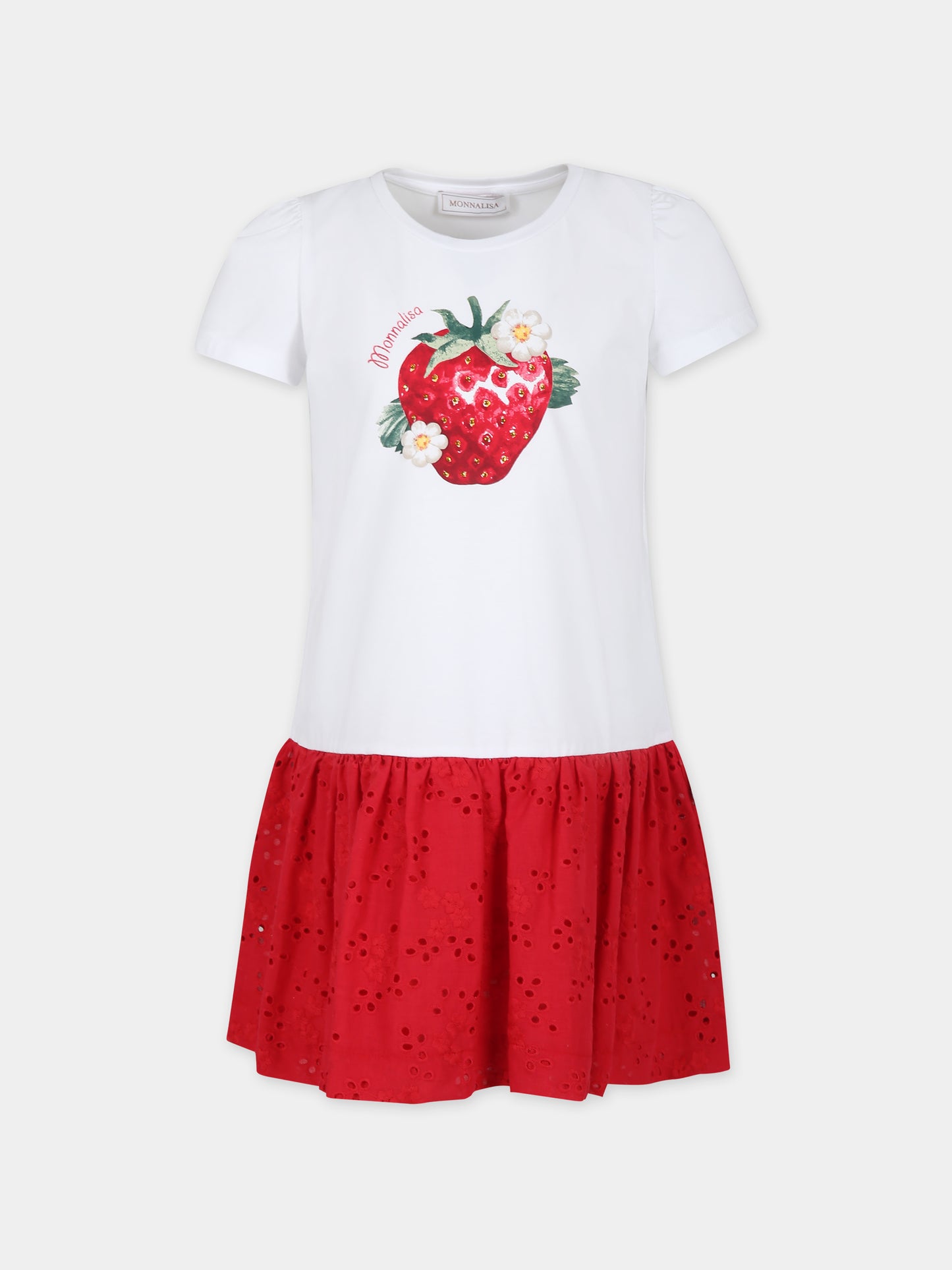 Vestito bianco per bambina con stampa fragola,Monnalisa,11C919 3201 9944