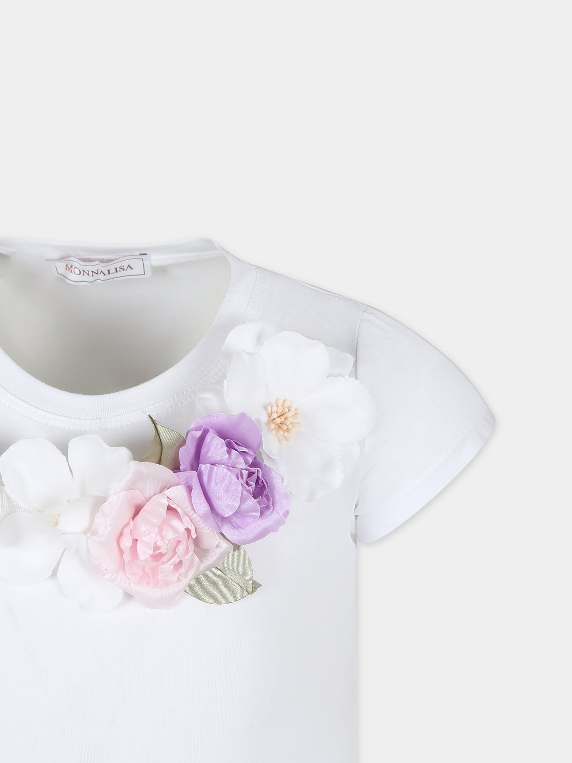 T-shirt bianca per bambina con fiori,Monnalisa,11C630 3201 0099