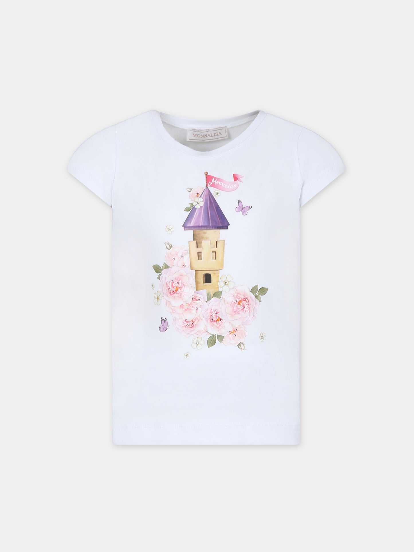 T-shirt bianca per bambina con stampa castello e logo,Monnalisa,19C631 3022 0099