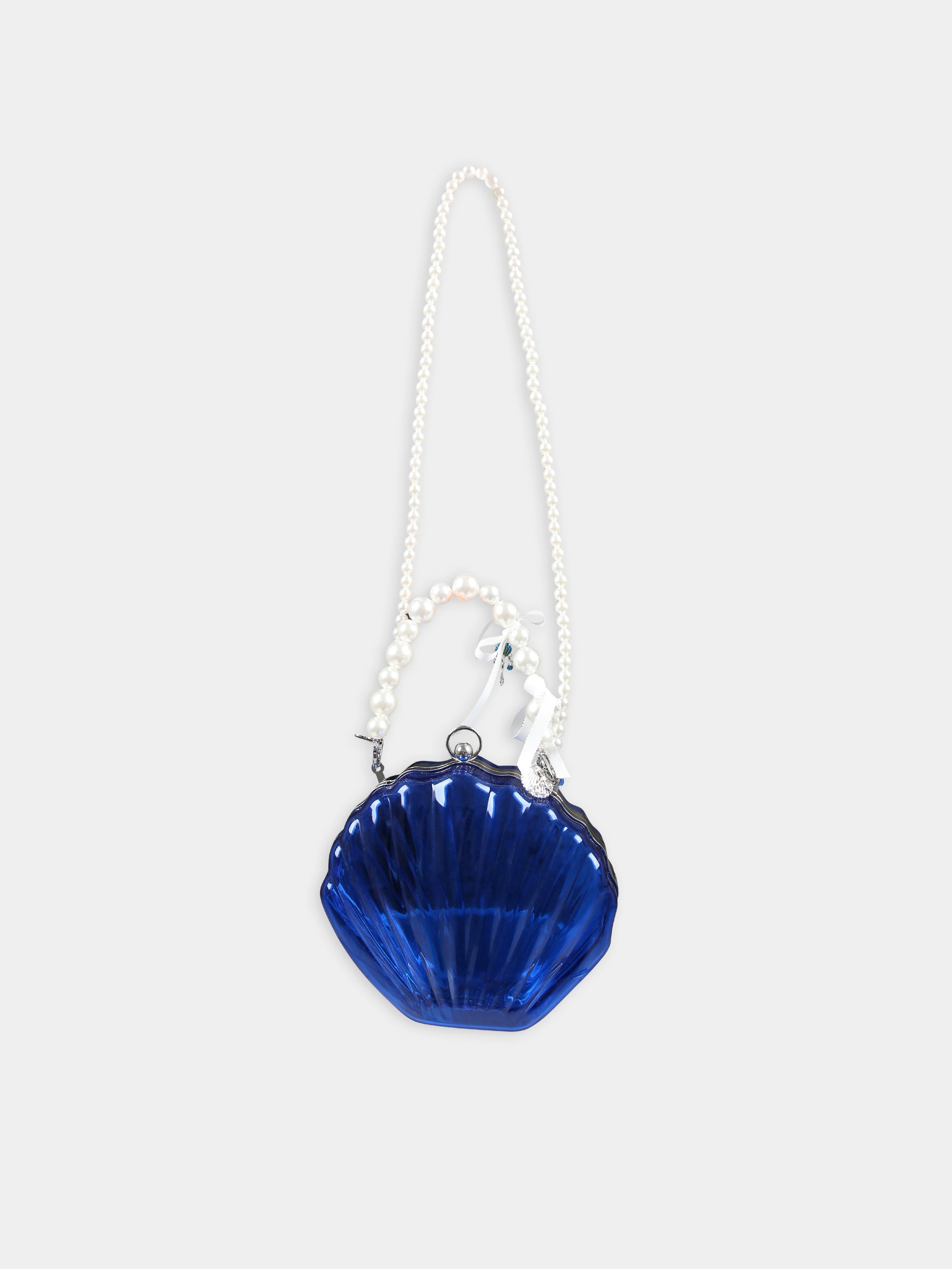 Borsa blu per bambina con perle e conchiglie,Monnalisa,19C007 3717 0054