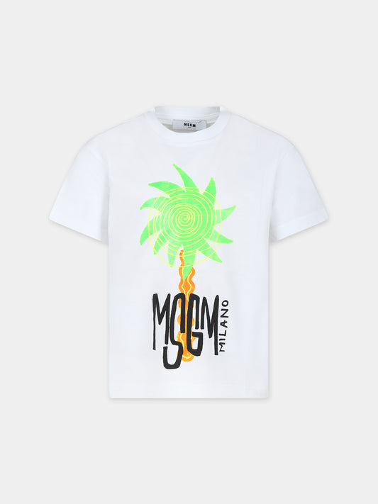 T-shirt bianca per bambino con stampa palma e logo,Msgm Kids,S4MSJBTH225 001
