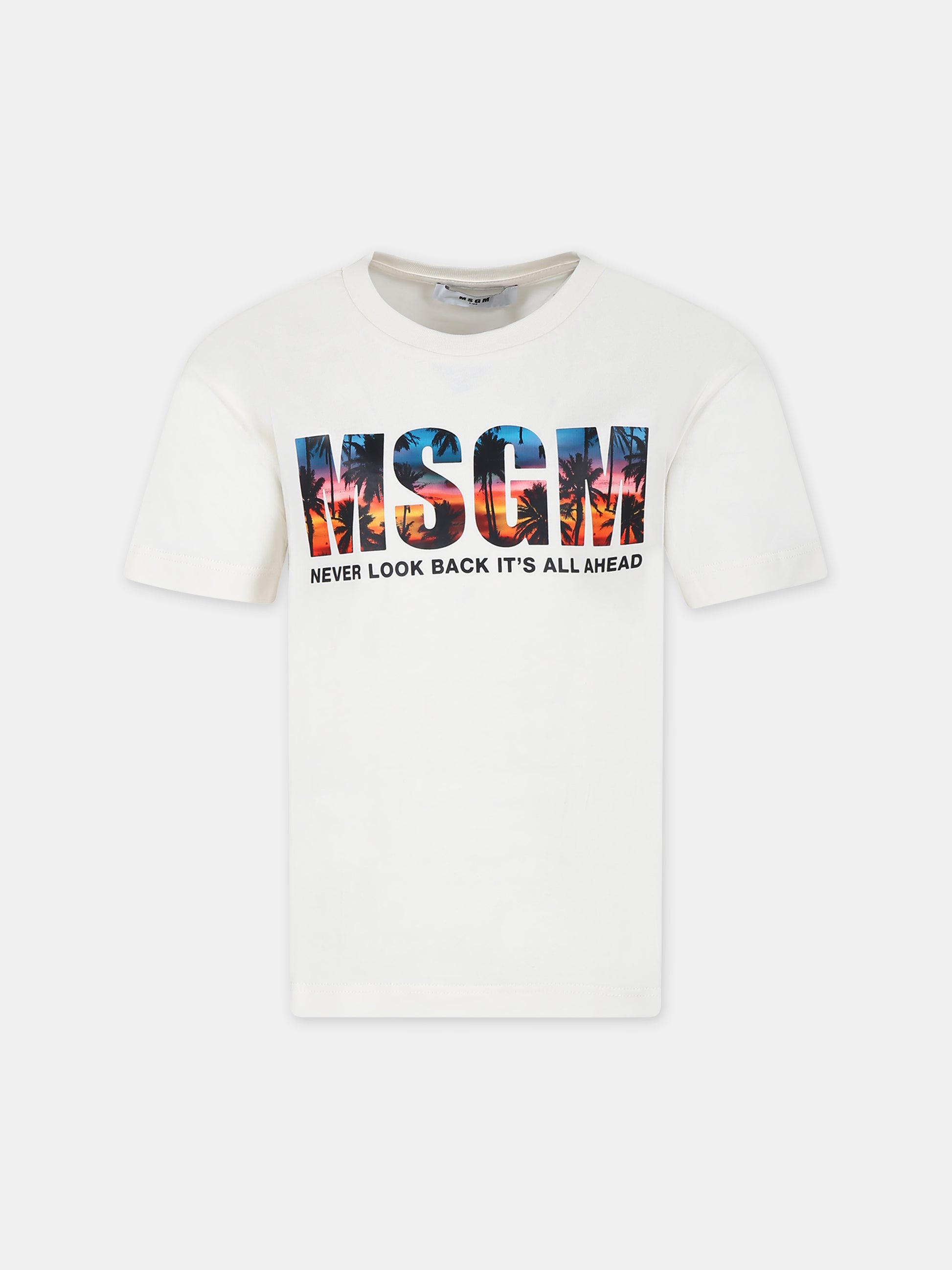 T-shirt avorio per bambino con logo e stampa palme,Msgm Kids,S4MSJBTH239 013