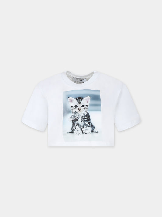 T-shirt crop bianca per bambina con stampa gatto e logo,Msgm Kids,S4MSJGTH121 001