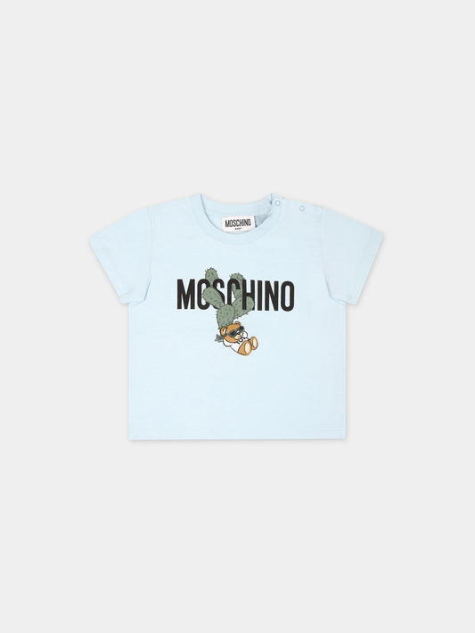 T-shirt celeste per neonato con Teddy Bear e cactus,Moschino Kids,MXM032 LAA02 40304