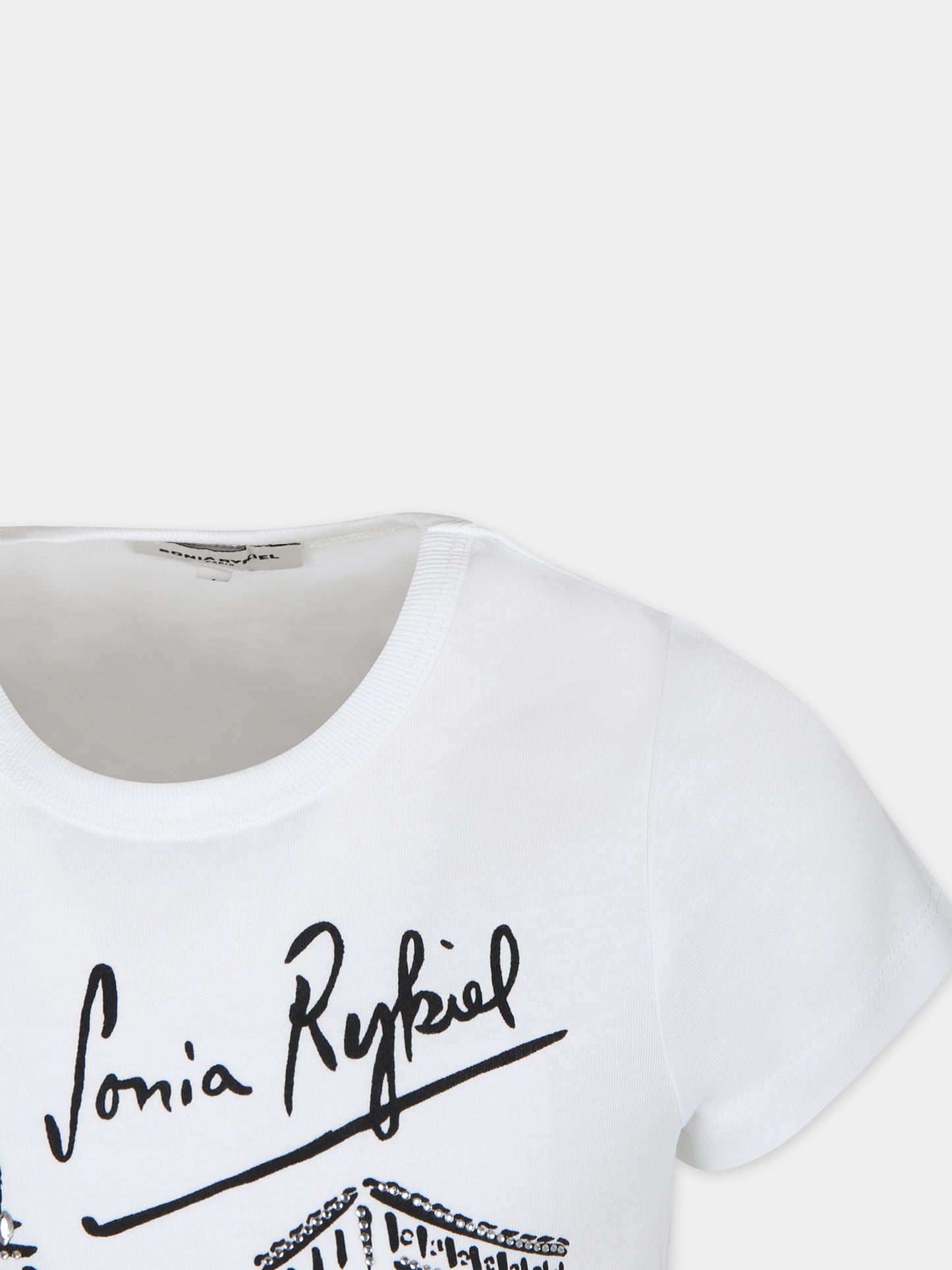 T-shirt bianca per bambina con stampa Tour Eiffel e strass,Sonia Rykiel Paris,A00180 98D