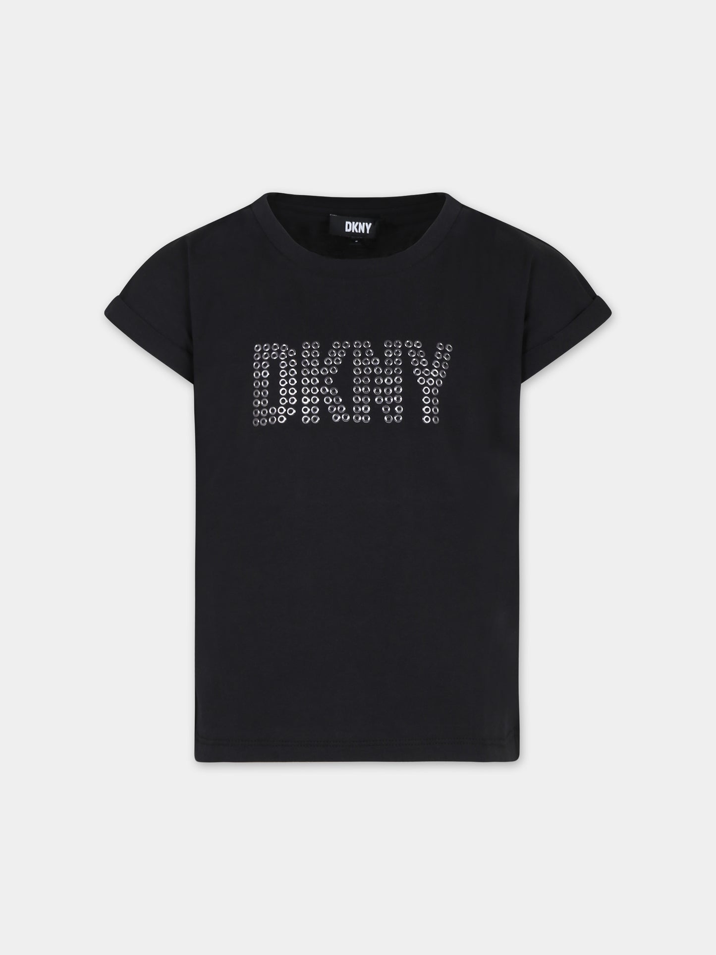 T-shirt nera per bambina con logo e borchie,Dkny,D60089 09B