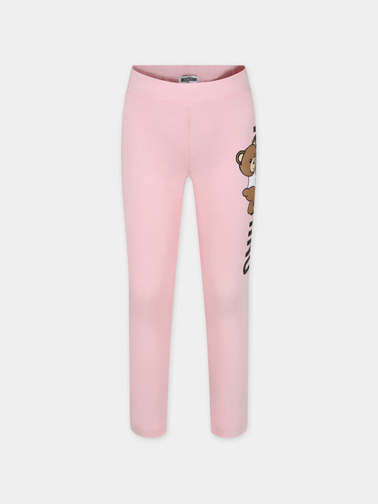 Leggings rosa per bambina con Teddy Bear e logo,Moschino Kids,HCP04X LBA00 50209