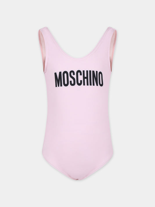 Costume intero rosa per bambina con logo,Moschino Kids,HDL00T LKA00 50209