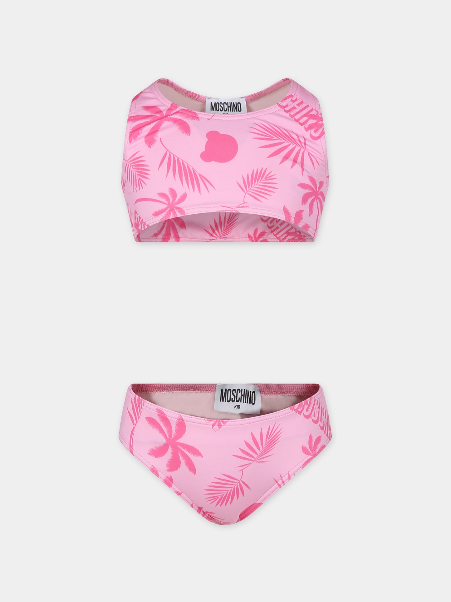 Bikini rosa per bambina con stampa Teddy Bear e palme,Moschino Kids,HDL00W LKA00 85839