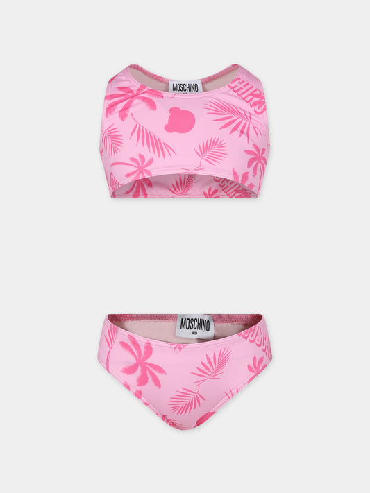 Bikini rosa per bambina con stampa Teddy Bear e palme,Moschino Kids,HDL00W LKA00 85839