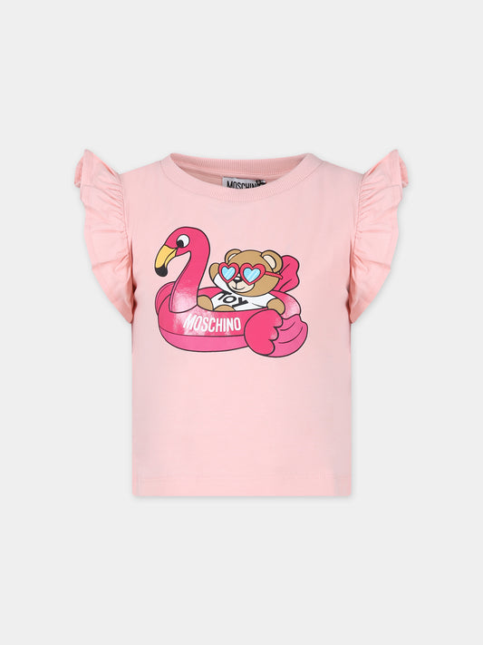 T-shirt rosa per bambina con Teddy Bear e fenicottero,Moschino Kids,HDM065 LBA10 50209