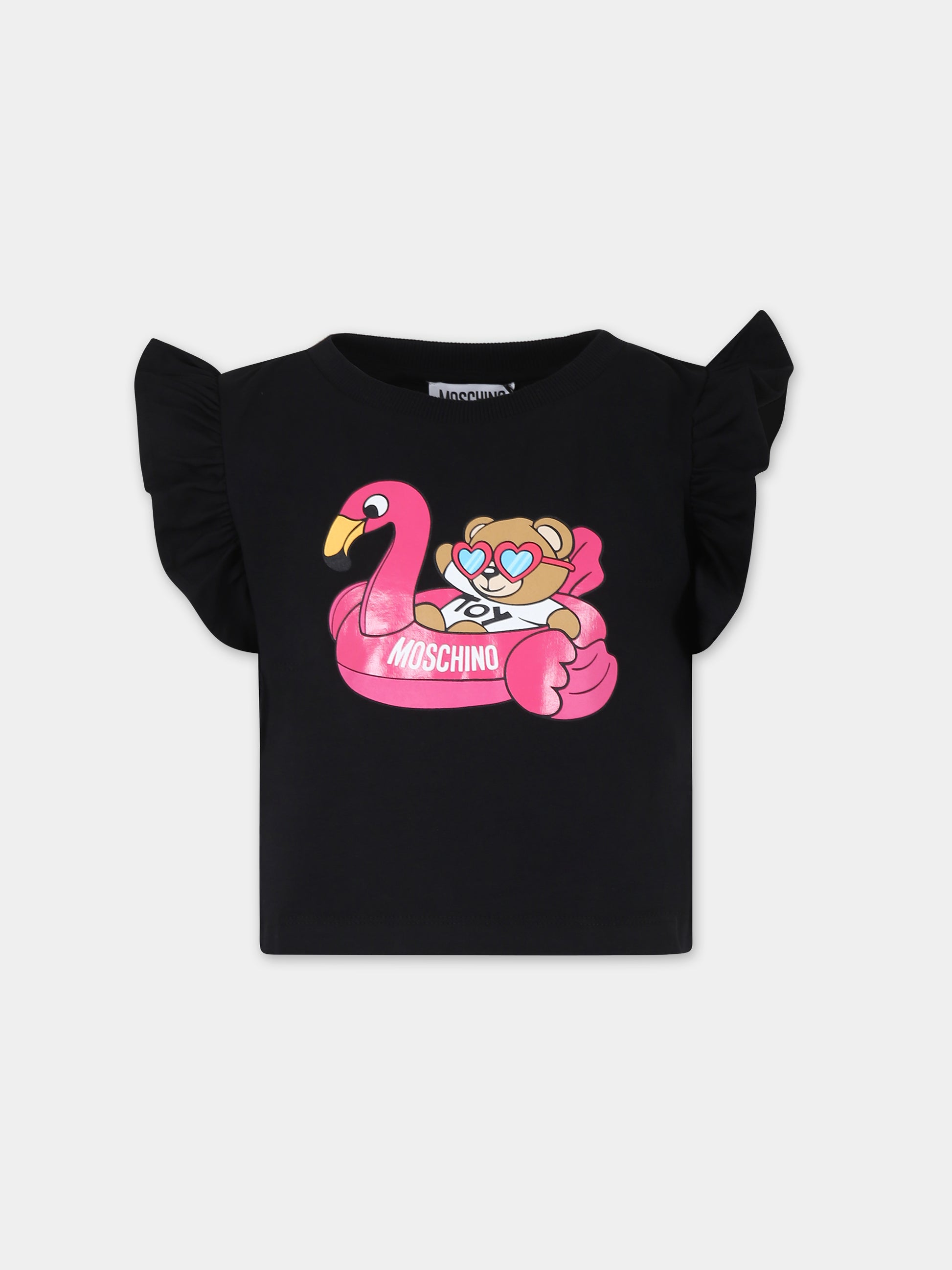 T-shirt nera per bambina con Teddy Bear e fenicottero,Moschino Kids,HDM065 LBA10 60100