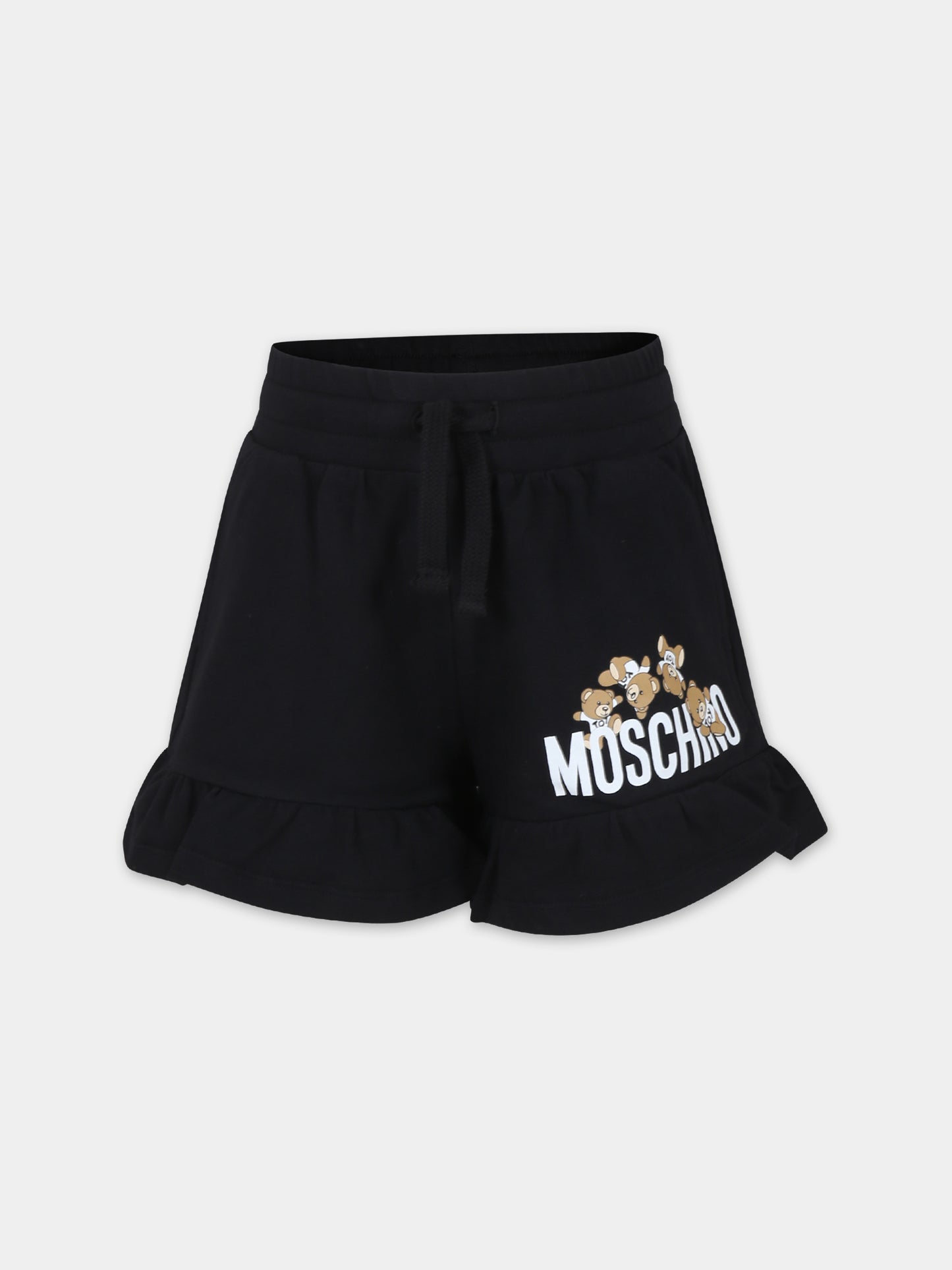 Shorts neri per bambina con Teddy Bears e logo,Moschino Kids,HDQ014 LDA00 60100