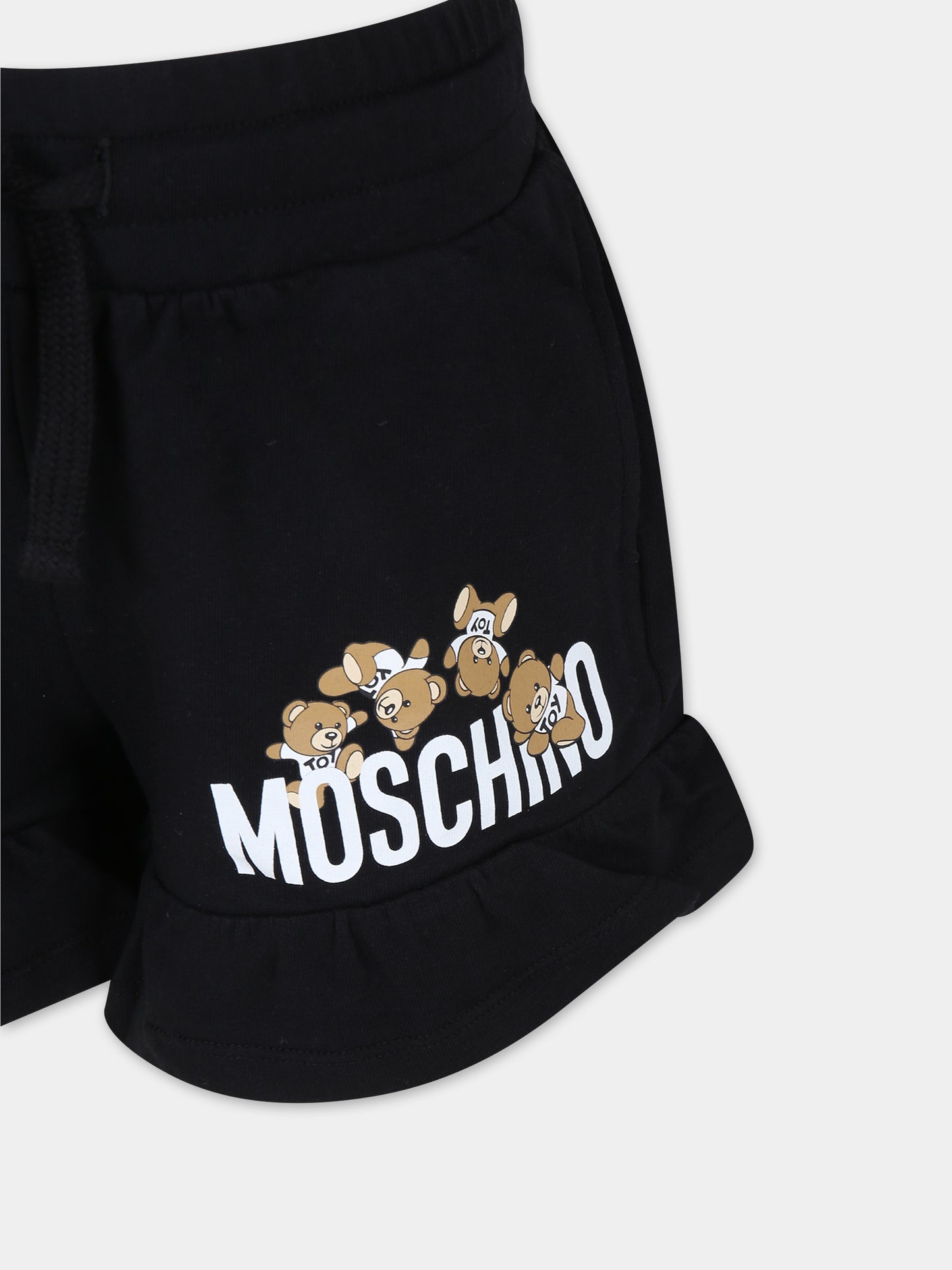 Shorts neri per bambina con Teddy Bears e logo,Moschino Kids,HDQ014 LDA00 60100