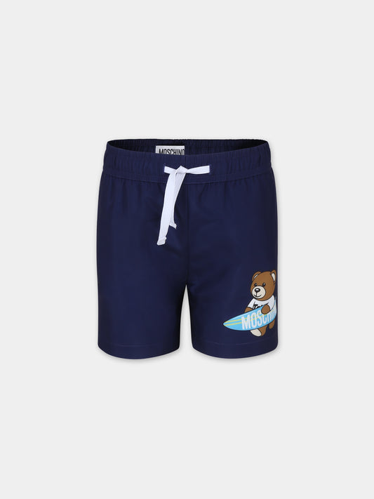 Boxer mare blu per bambino con Teddy Bear e logo,Moschino Kids,HOL01C LKA02 40016