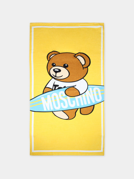 Telo mare giallo per bambino con Teddy Bear e tavola da surf,Moschino Kids,HQX01B LGA15 50162