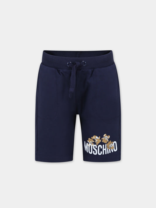 Shorts blu per bambini con Teddy Bers e logo,Moschino Kids,HUQ01O LCA19 40016