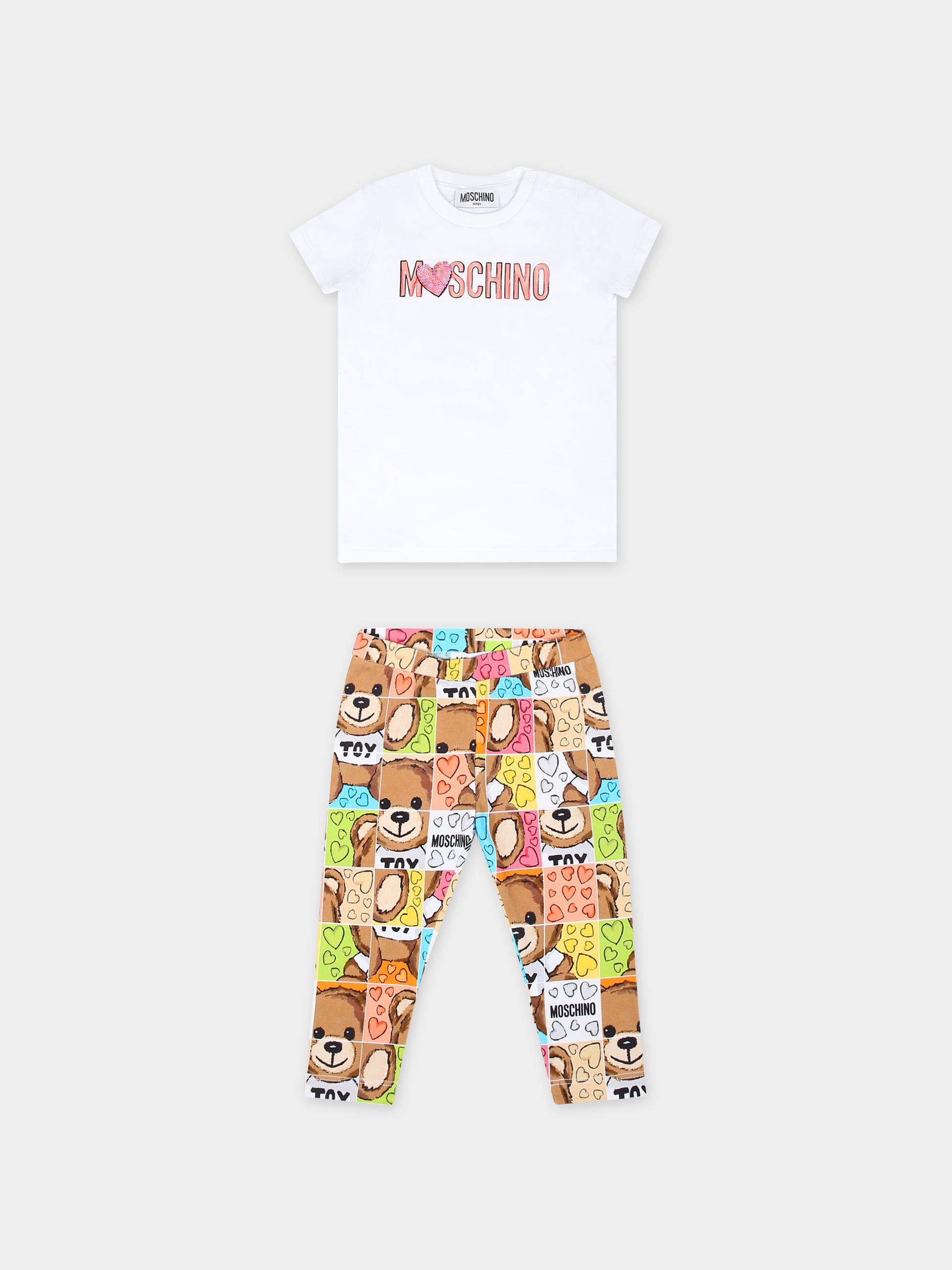 Completo bianco per neonata con Teddy Bear e logo,Moschino Kids,MCG007 LBA10 10101