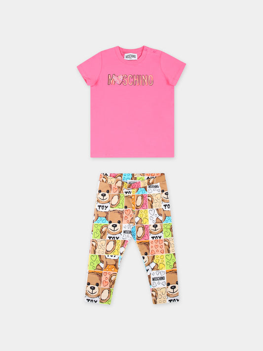 Completo fucsia per neonata con Teddy Bear e logo,Moschino Kids,MCG007 LBA10 50580