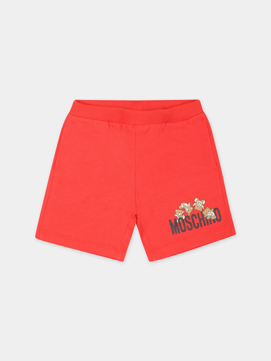 Shorts rossi per neonato con Teddy Bears e logo,Moschino Kids,MNQ00N LCA19 50109