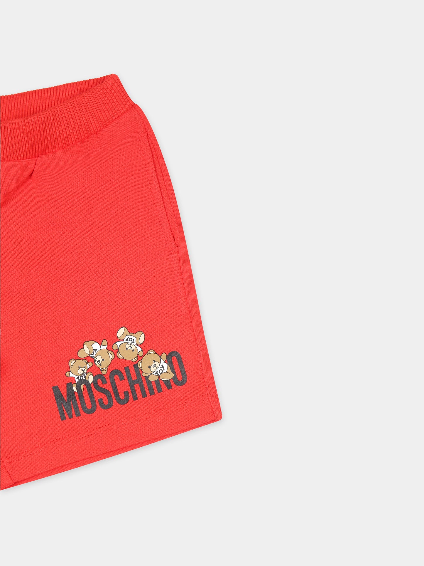 Shorts rossi per neonato con Teddy Bears e logo,Moschino Kids,MNQ00N LCA19 50109