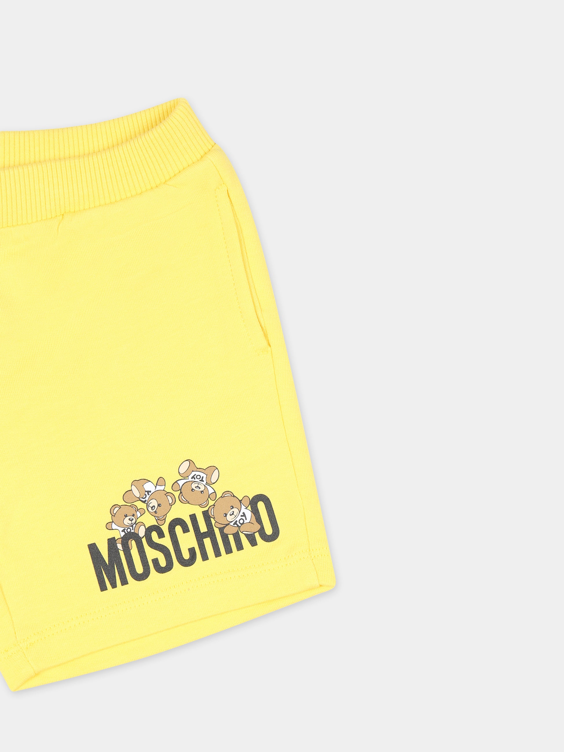 Shorts gialli per neonato con Teddy Bears e logo,Moschino Kids,MNQ00N LCA19 50162