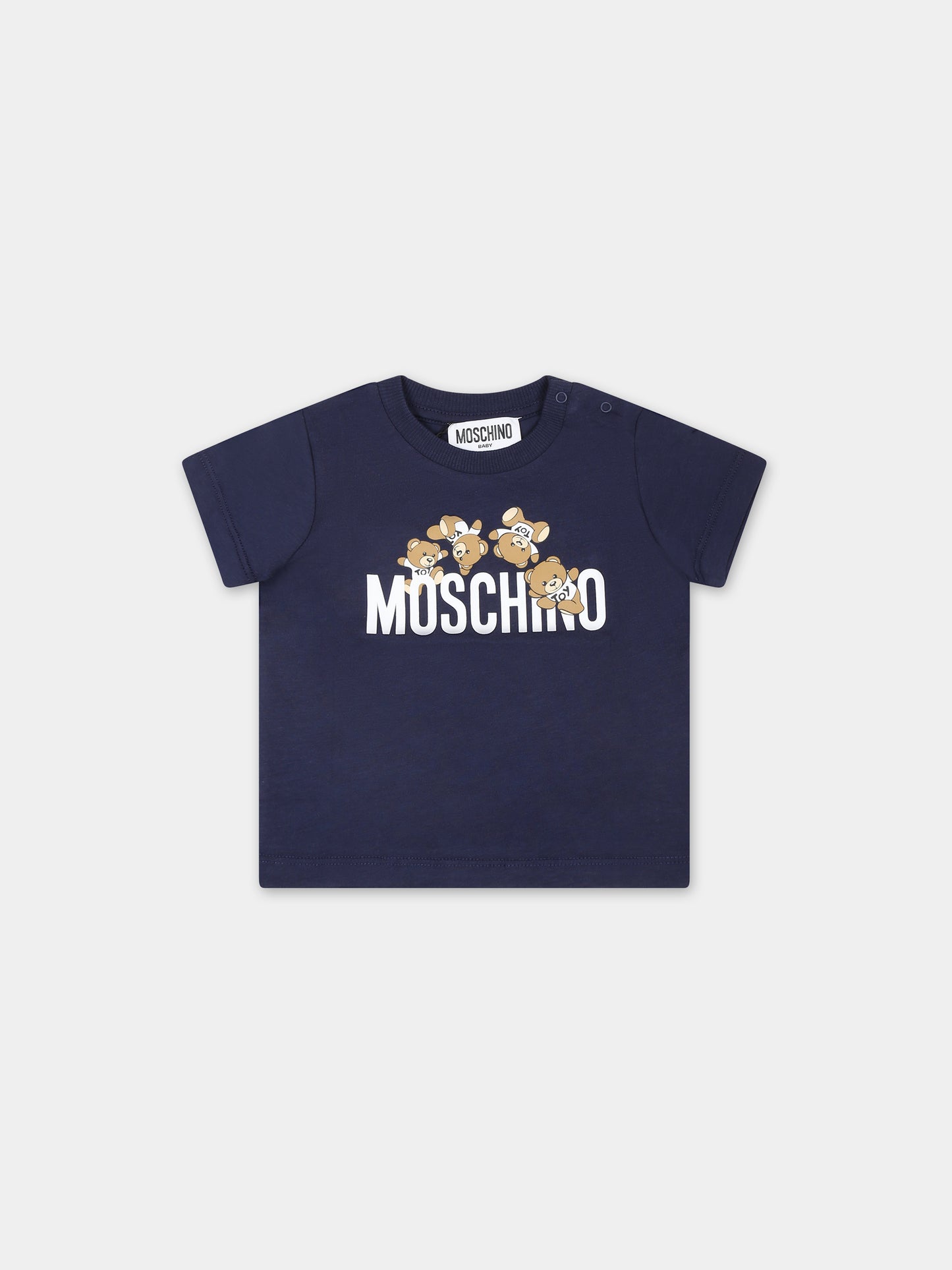 T-shirt blu per neonato con Teddy Bears  e logo,Moschino Kids,MWM032 LAA03 40016