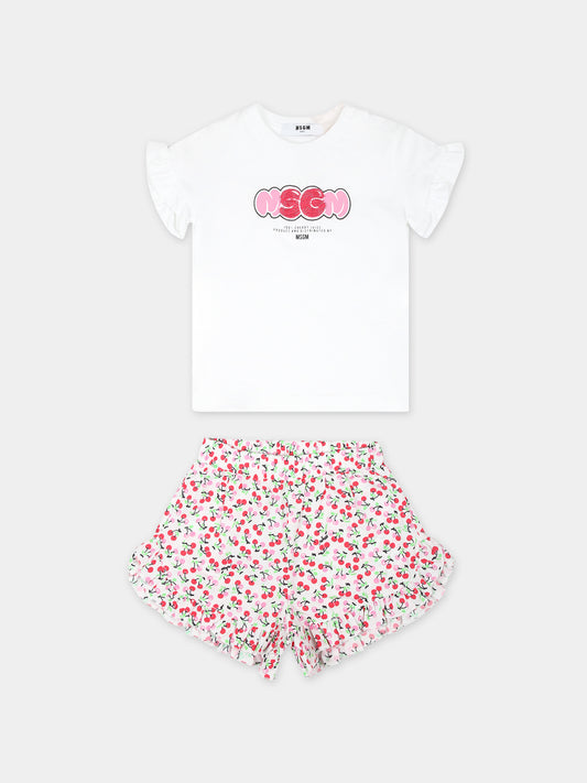 Completo bianco per neonata con logo e ciliegie,Msgm Kids,MS029369 001