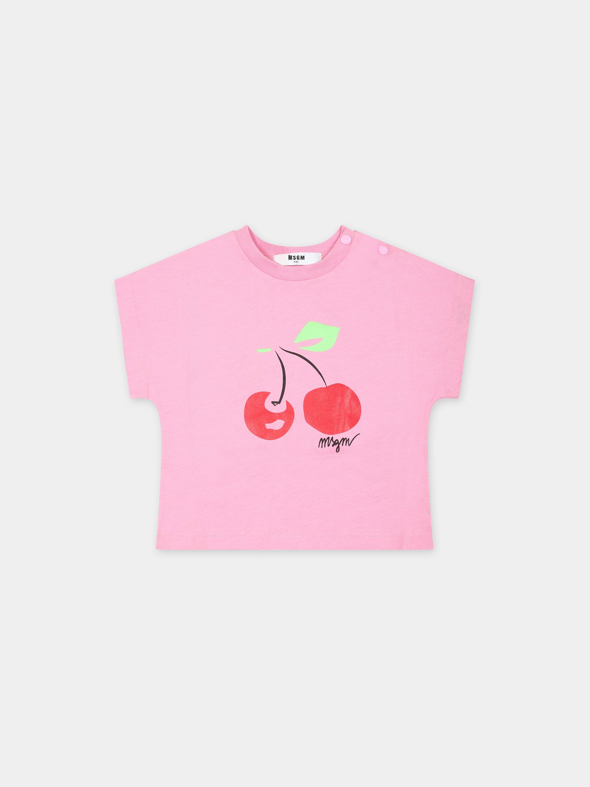 T-shirt rosa per neonata con stampa ciliegie,Msgm Kids,MS029371 042